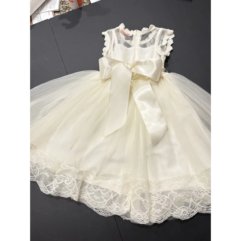 Girls Ivory Lace Tulle Dress Satin Bow Special Occasion Size 4-5